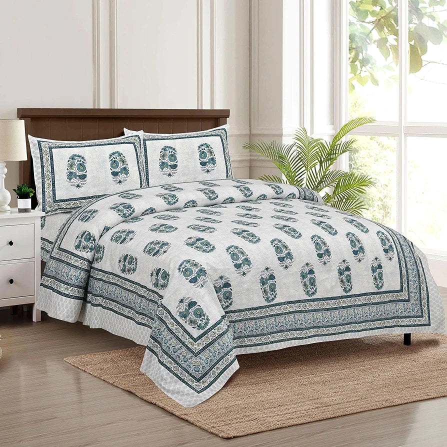 Kuber Industries Double Bedsheet with 2 Pillow Covers | 160 TC Premium Cotton Bedsheet for Double Bed | Bedsheet for Living Room-Home & Hotels | Dezier Flower Boota | 90x108 Inch | Green