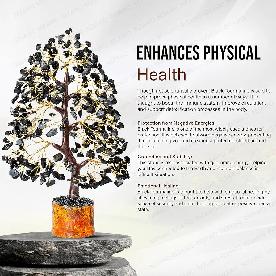 BEZAVO Black Tourmaline Crystal Tree for Healing & Prosperity | Artificial Feng Shui Money Tree for Positive Energy | Ideal Gift for Birthdays 