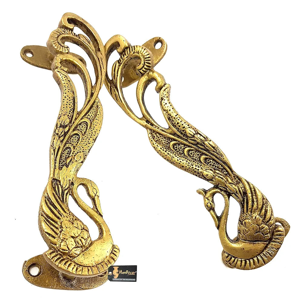 Two Moustaches Peacock Design 7 Inches Brass Door Handle Pair - Antique Yellow, Standard, Pack of 1 - Brass, Pull Handle Pair
