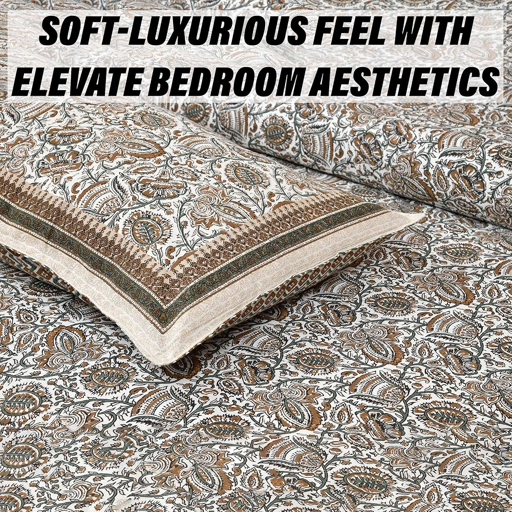 Kuber Industries Double Bedsheet with 2 Pillow Covers | 160 TC Premium Cotton Bedsheet for Double Bed | Bedsheet for Living Room-Home & Hotels | Dezier Bell Print | 90x108 Inch | Beige