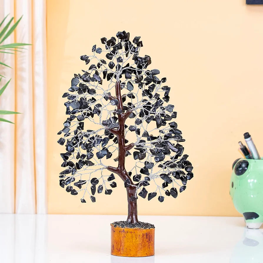 Hindcraft Black Tourmaline Crystal Tree Good Luck Showpiece for Home Decor Items Crystals Gemstones Bonsai Money Tree for Good Luck, Decoration Gift Item, Silver Wire, 10-12 inch