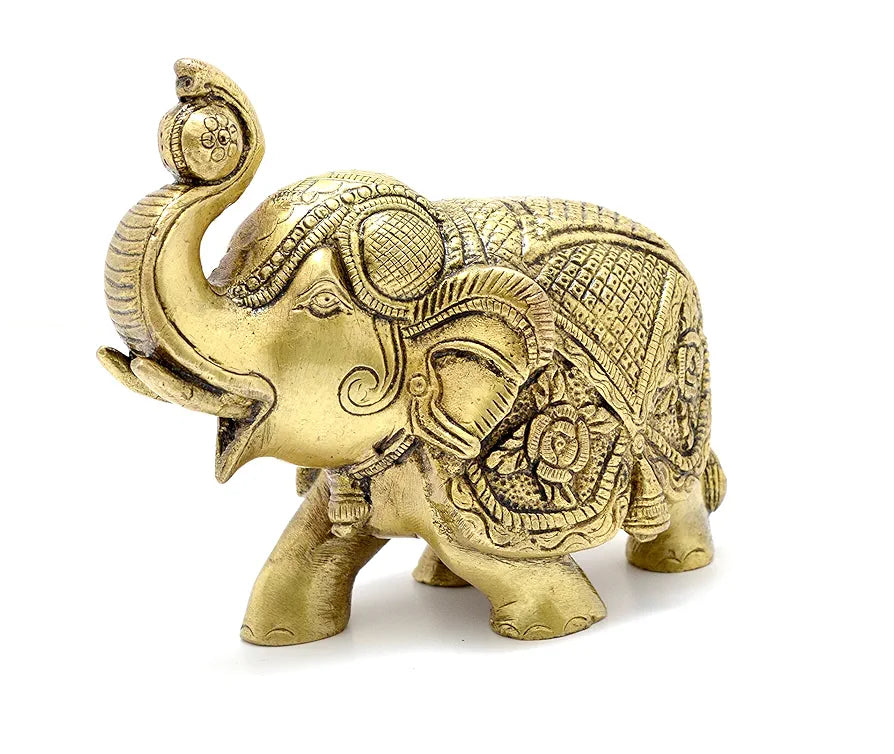 Two Moustaches Maharaja Elephant Design Brass Showpiece, Brass Showpieces for Home Decor, Elephant Idol, Housewarming Gifts, Antique Yellow, 