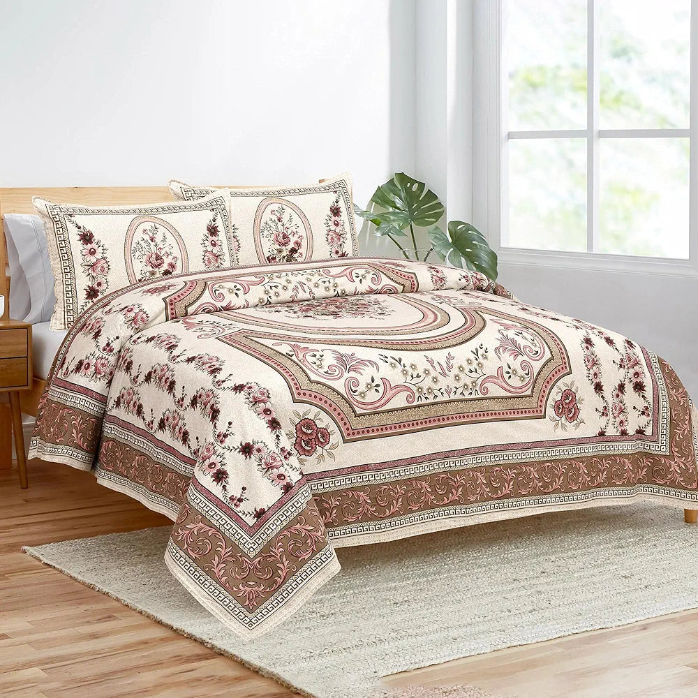 Kuber Industries Double Bedsheet with 2 Pillow Covers | 160 TC Premium Cotton Bedsheet for Double Bed | Bedsheet for Living Room-Home & Hotels | Kaleen Flower | 100x108 Inch | Pink
