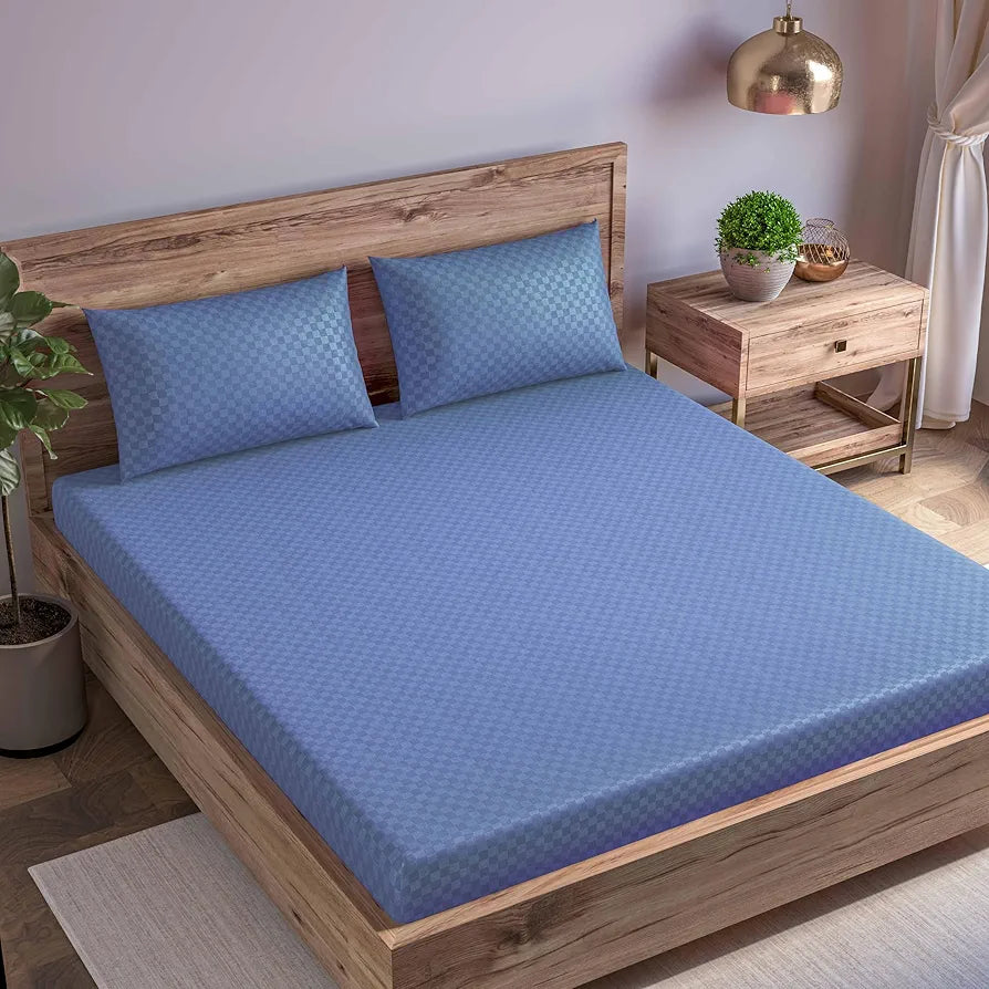 Trance Home Linen 300TC Pure 100% Cotton Queen Size Jacquard Weave Fitted Bedsheet with 2 Pillow Covers - 