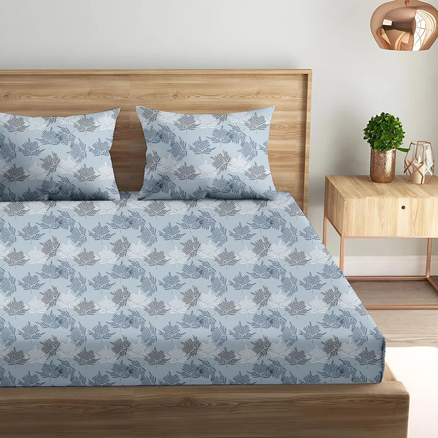 Trance Home Linen Pure 100% Cotton 144Tc Printed King Fitted Bedsheet with 2 Pillow Covers , 144 tc