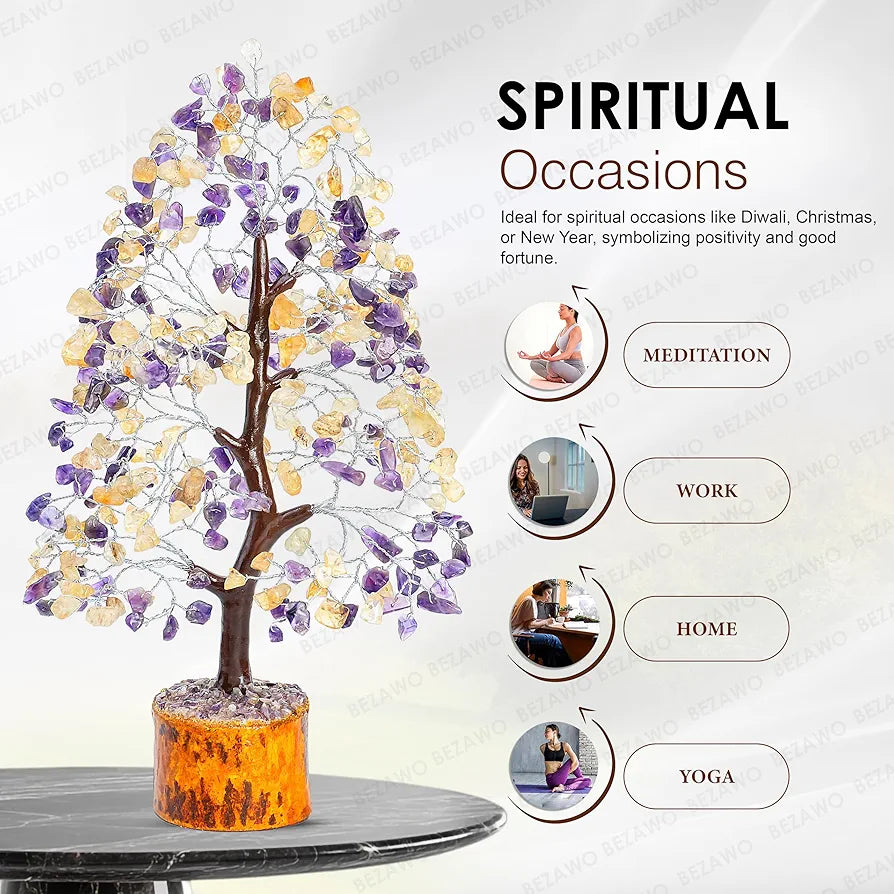 BEZAVO Amethyst & Citrine Crystal Tree | Feng Shui Seven Chakra Energy Tree | Decorative Showpiece for Home & Office | Ideal Marriage Gift & Antique Home Decor – 10-12 Inch 