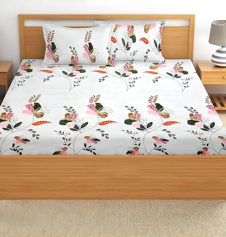 Polycotton 220 TC Floral Printed King Size Double Bedsheet with 2 Pillow Covers, 