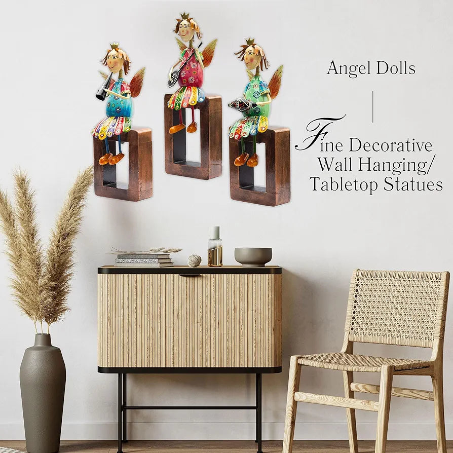 KRAFTSKALA Angel Musician Statues – Set of 3 | Handcrafted Metal & Wood | Wall Hanging, Shelf Display, Tabletop Home Decor Gift Item