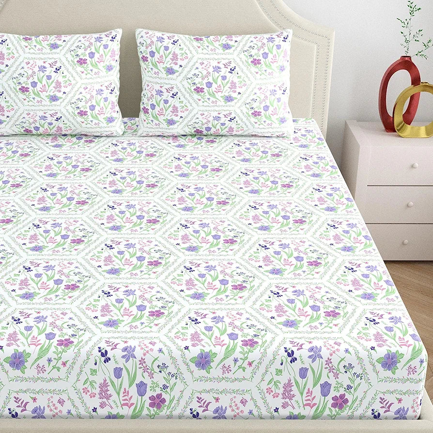 Dreamscape 100% Cotton King Fitted Bedsheet with 2 Pillow Covers - 