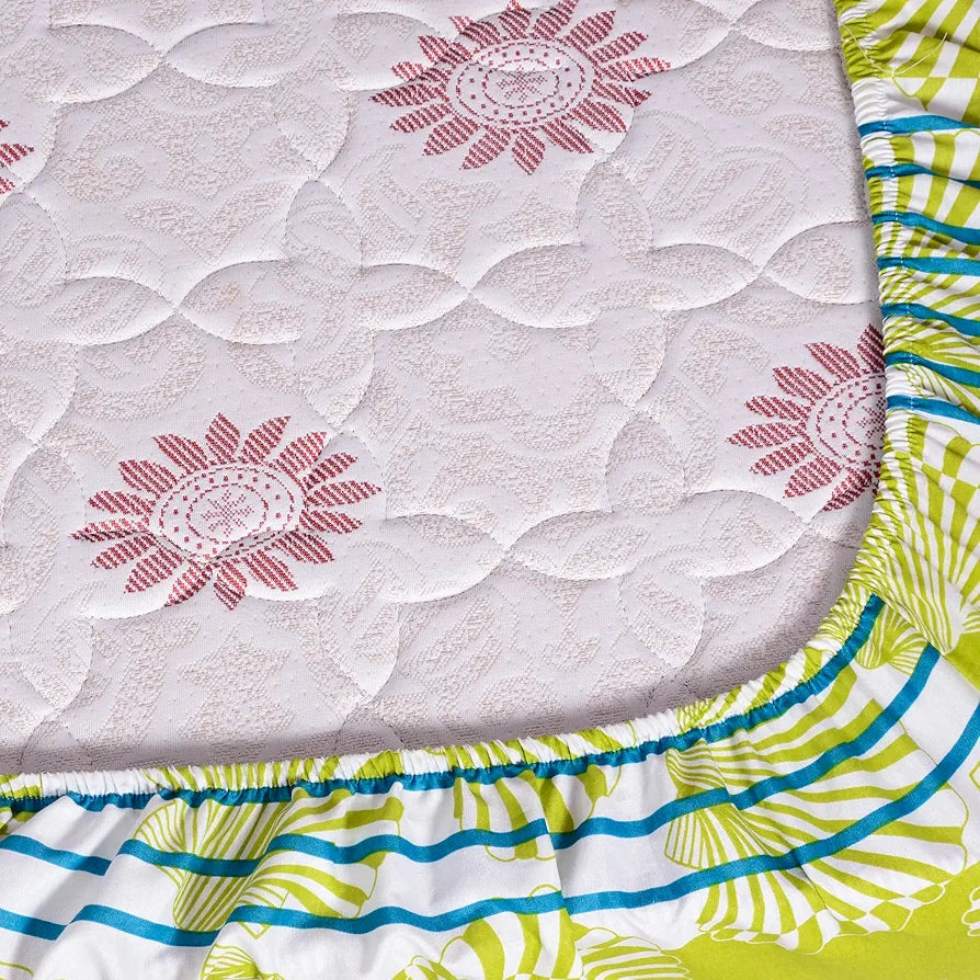 Divine Casa Cotton Acid Lime Bedsheet for Double Bed Elastic Fitted with 2 Pillow Covers  Calming Shells