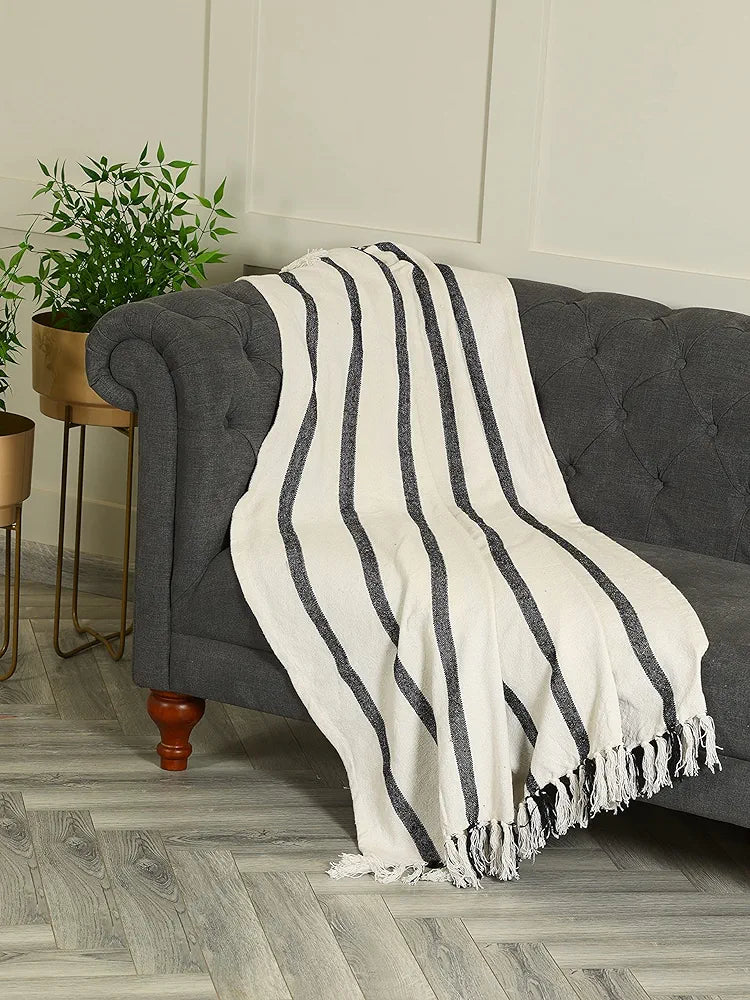 SASHAA WORLD Striped Throw Blanket | Throw Blanket for Living Room, Bedroom, Sofa & Chair | Beige & Black Throw Blanket | Size 180 x 200 cm Pack of 1