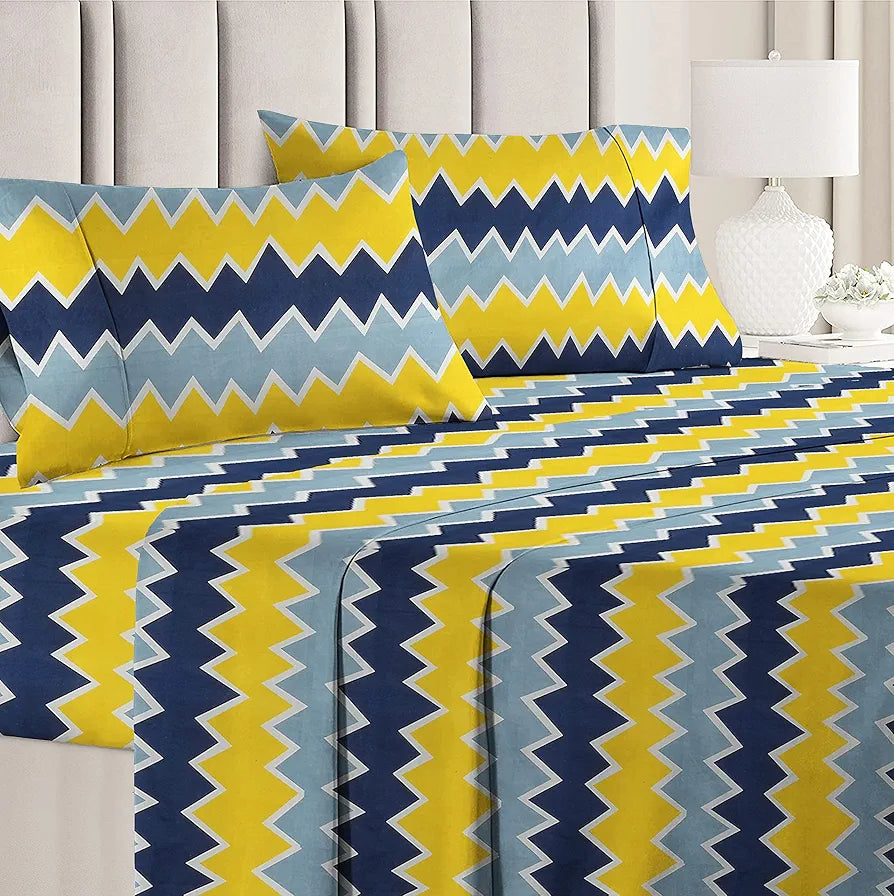 HOMEKART 100% Microfiber bedsheet for Double Bed with 2 Pillow Covers Breathable | Wrinklefree and Soft Touch 144 TC Pattren Zigzag Yellow and Grey| TC - 144