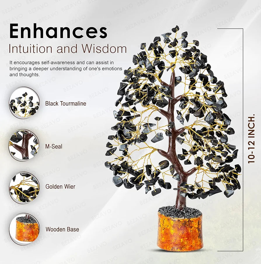 BEZAVO Black Tourmaline Crystal Tree for Healing & Prosperity | Artificial Feng Shui Money Tree for Positive Energy | Ideal Gift for Birthdays 