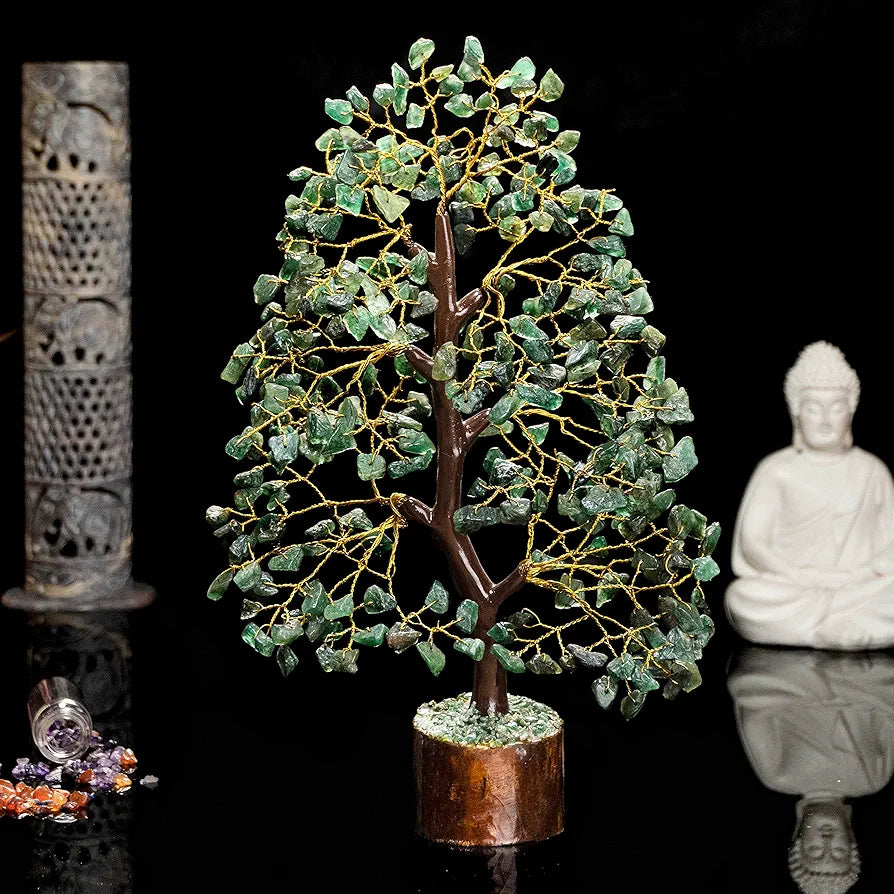 HindCraft Green Aventurine Crystal Tree Good Luck Showpiece for Home Decor Items Crystals Gemstones Bonsai Money Tree for Good Luck, Decoration Gift Item, Golden Wire, 10-12 inch