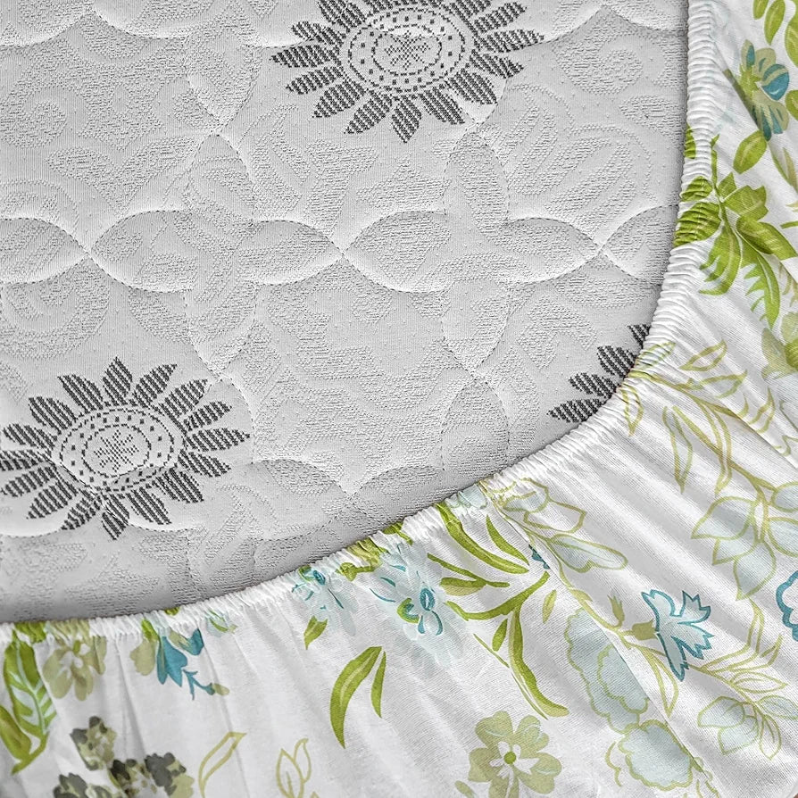 Divine Casa 144 TC 100% Cotton Floral Print Green Super Soft Bedsheet Elastic Fitted King Size Bed - 78 x 72 inches