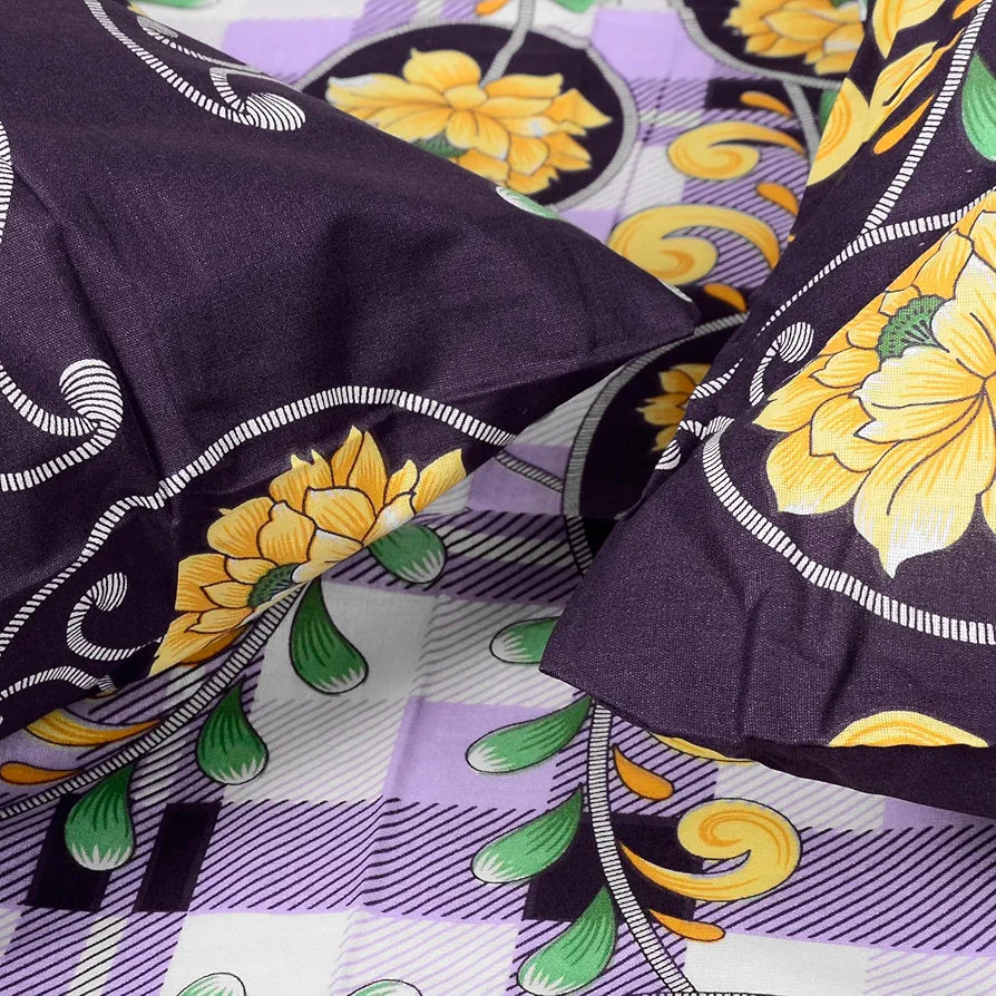 Divine Casa Double Size Bedsheet for Double Bed, 144 TC Pure Cotton Queen Size with 2 Pillow Covers | 222 by 254 cm | Floral | Royal Lilac