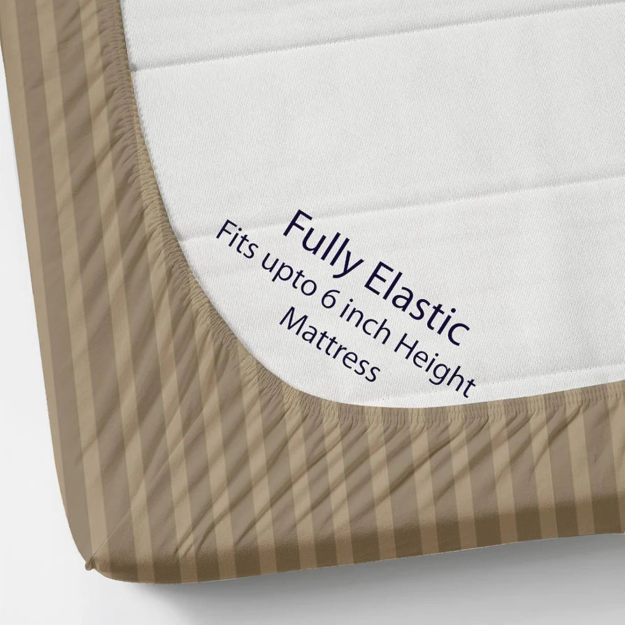 Homefab India 160 TC Stripe Cotton Feel Glace Cotton Elastic Fitted King Size Double Bed Bedsheet with 2 Pillow Covers Fits Upto 6 inches Mattress, Size-72X78 inches, Beige