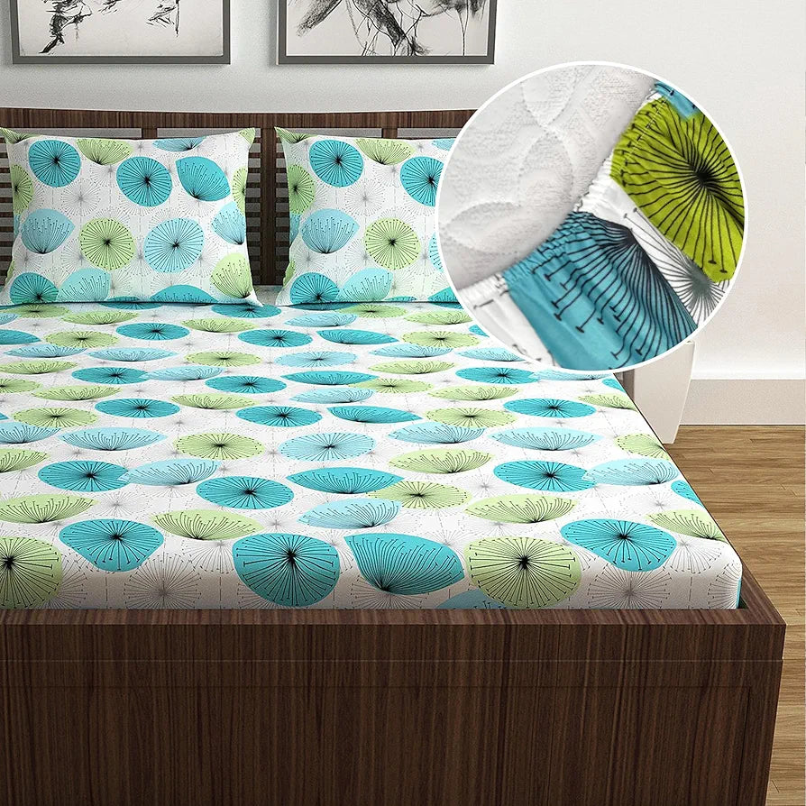 Divine Casa 144 TC 100% Cotton Floral Green Breathable Queen Size Elastic Fitted Bedsheets - 200 x 150 CM