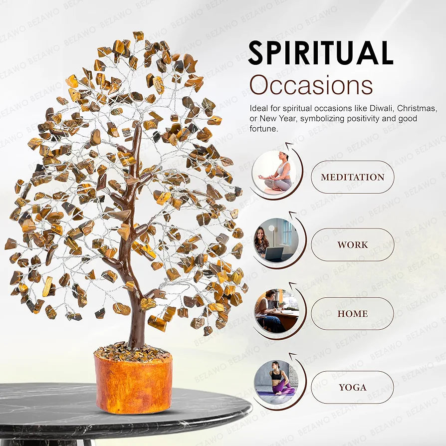 BEZAVO Tiger Eye Crystal Tree – Tree of Life for Good Luck & Prosperity | Artificial Decor for Home & Office | Ideal Housewarming Gift for Men & Women 