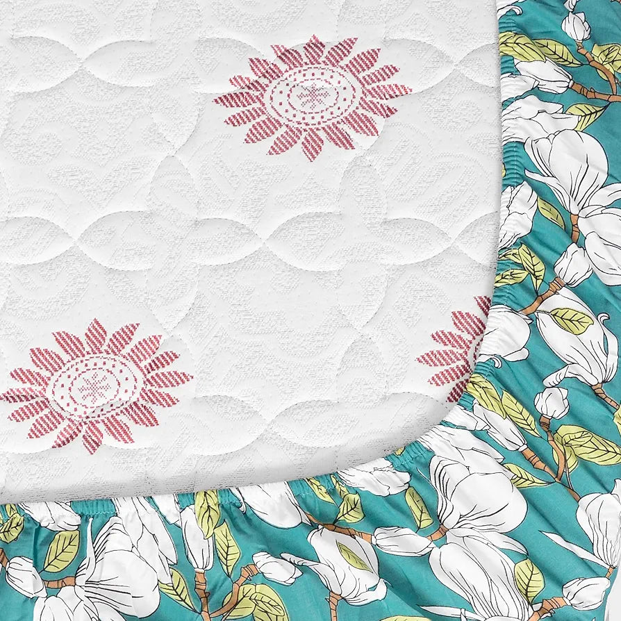 Divine Casa 144 TC Cotton Floral Print King Size Double Bed Elastic Fitted Bedsheet with 2 Pillow Cover - 78 x 72 inches