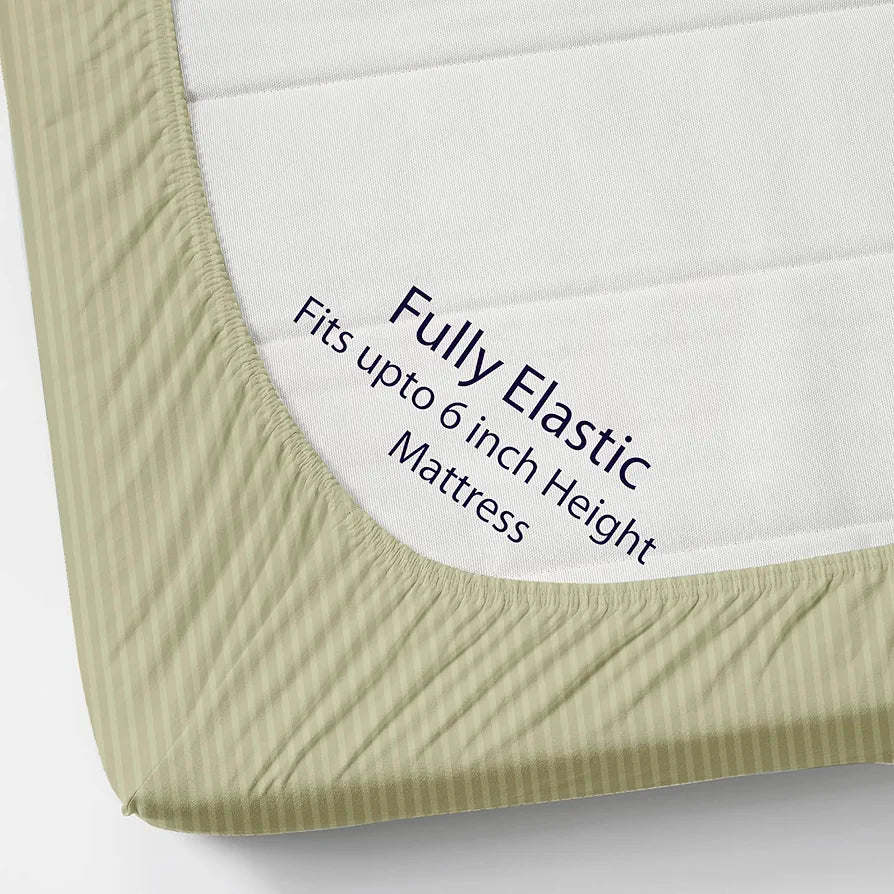 Homefab India 160 TC Stripe Cotton Feel Glace Cotton Elastic Fitted King Size Double Bed Bedsheet with 2 Pillow Covers Fits Upto 6 inches Mattress, Size-72X78 inches, Ecru