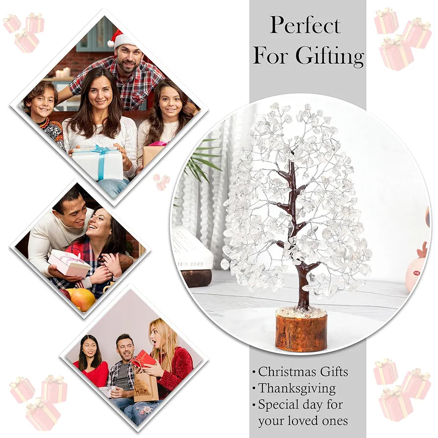 HindCraft Clear Quartz Crystal Tree Good Luck Showpiece for Home Decor Items Crystals Gemstones Bonsai Money Tree for Good Luck, Decoration Gift Item, Silver Wire, 10-12 inch