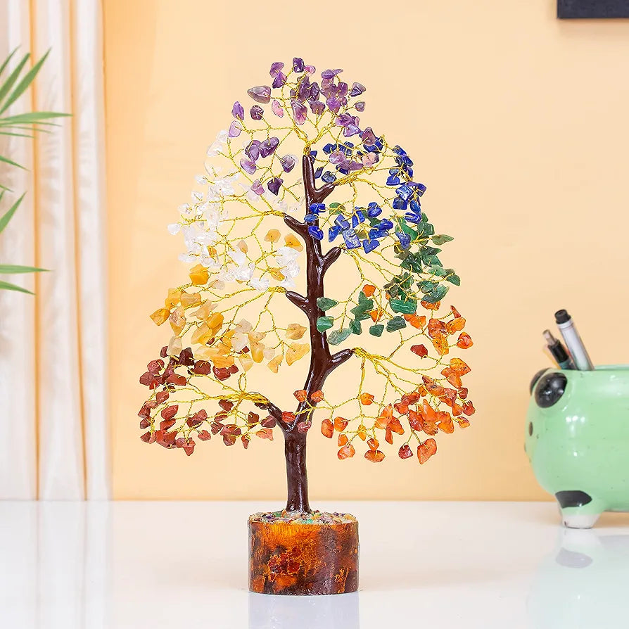 ZAICUS Seven Chakra Crystal Tree of Life Stone Fortune Feng Shui Bonsai for Good Luck, Wealth & Prosperity Home Decorations Golden Wire 10-12 Inch