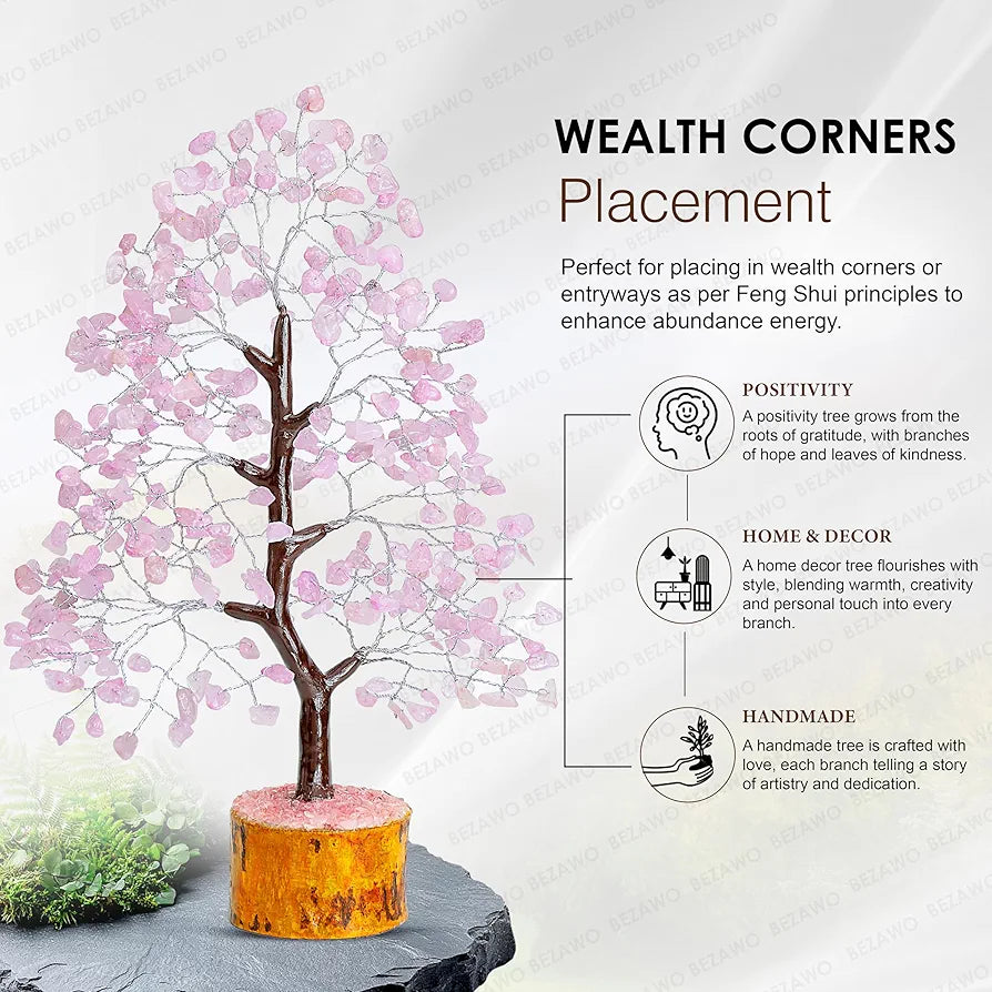 BEZAVO Rose Quartz Crystal Tree – Feng Shui Seven Chakra Tree for Home Decor | Antique Marriage Gift | Positive Energy & Love Tree – 10-12 Inch 