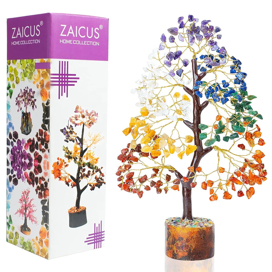 ZAICUS Seven Chakra Gemstone Tree of Life, Crystals and Gemstones, Crystal Tree, Showpiece for Good Luck, Home Decor, Office Desk, Feng Shui, Crystals and Healing Stones, Gift Item, 7 x 24 Cm