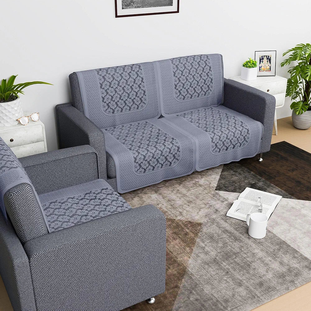 Kuber Industries Net 2+1 Seater Sofa Slip Cover - Couch Cover | Plain Leonardo Flower Print - Grey
