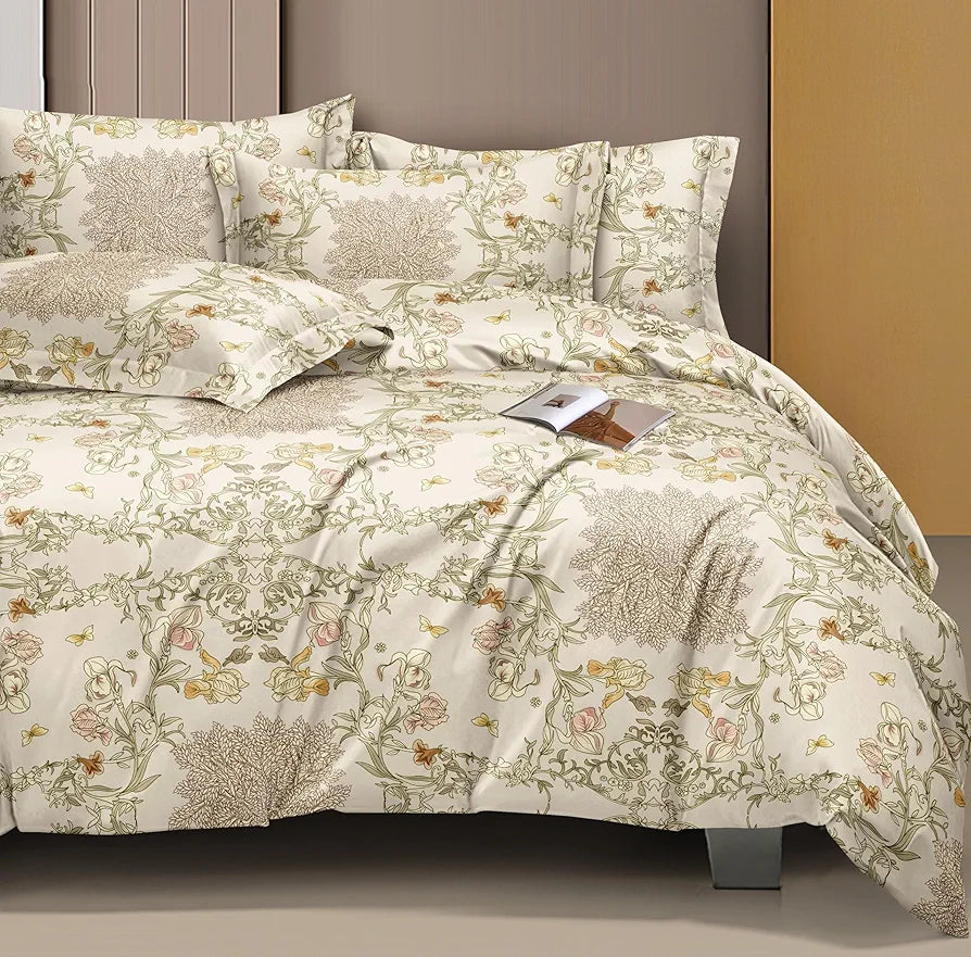 THE HOME STYLE 300 TC Cotton Feel Glace Cotton Elastic Fitted Printed King Size Double Bed Bedsheet with 2 Pillow Cover 