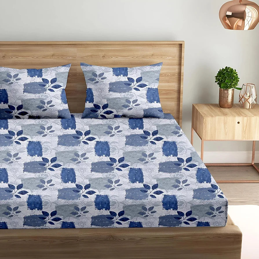 Trance Home Linen Cotton 144Tc Elastic Fitted Bedsheet | Printed Queen Bed Size Elasticated Fitted Bedspread with 2 Pillow Covers 