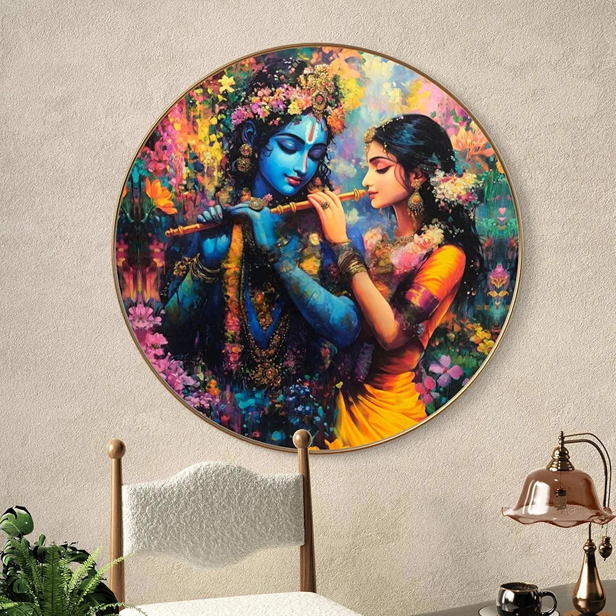 Livin'luxe paintings Radha Krishna Divine Love Wall Painting with Frame - Sparkle Glossy Round Golden Framed Large Painting for Office, Living Room, Bedroom, Home Wall Decoration
