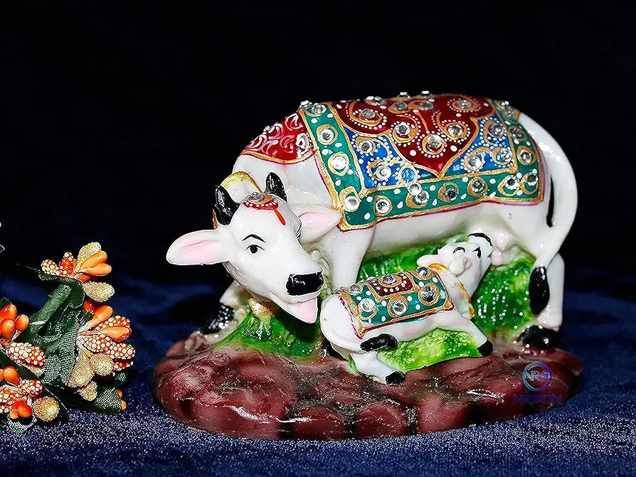 NRSON® Handicraft Decorative Marble dust Cow with Calf/Polyresin Cow and Calf Big Statue 5 x 3 x 3 inch 