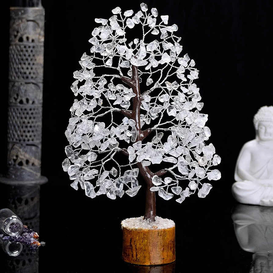 HindCraft Clear Quartz Crystal Tree Good Luck Showpiece for Home Decor Items Crystals Gemstones Bonsai Money Tree for Good Luck, Decoration Gift Item, Silver Wire, 10-12 inch
