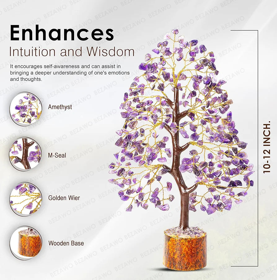 BEZAVO Amethyst Gemstone Crystal Bonsai Tree – Good Luck Money Tree for Home & Office Decor | Gift Item for Prosperity & Positive Energy – 10-12 Inch 
