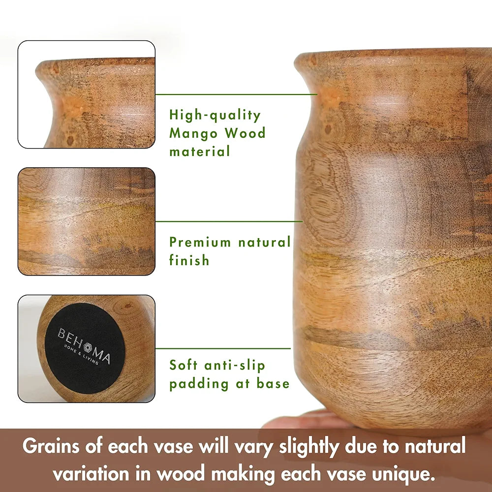 Behoma Flower Vase, Jar Shape Mango Wood Vases for Flowers for Decor Home Living Room Kitchen Office, Natural Light Brown Finish | Height - 6.1 inch 