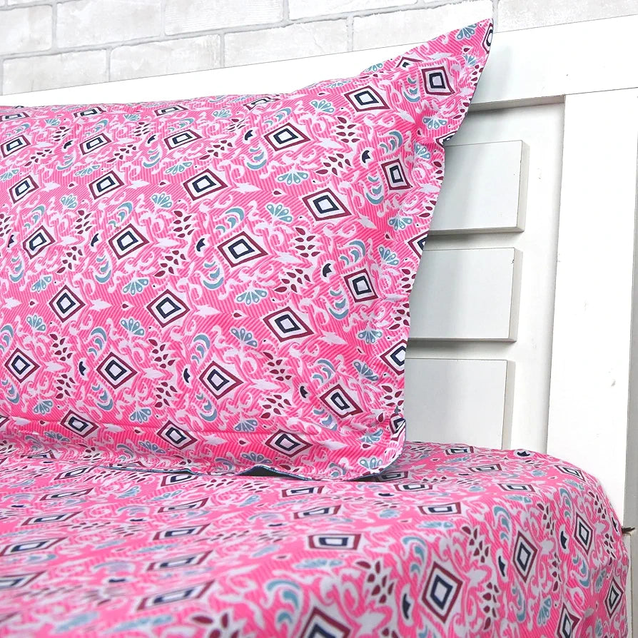 Divine Casa 144 TC 100% Pure Cotton Single Bedsheet with 1 Pillow Cover | Soft & Skin-Friendly Fabric for Everyday Comfort | All-Season Use | Size 223 X 145 CM | Geometric Petal Print | Pink Fuchsia