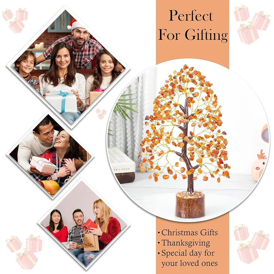 HindCraft Carnelian Chakra Crystal Tree Good Luck Showpiece for Home Decor Items Crystals Gemstones Bonsai Money Tree for Good Luck, Decoration Gift Item, Golden Wire, 10-12 inch
