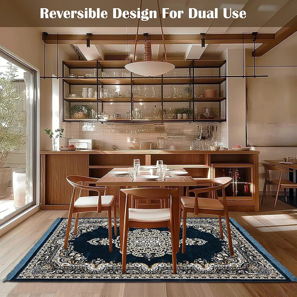 Kuber Industries 5x7 Feet Carpets for Living Room | Machine Washable Bedside Floor Rugs Mat for Bedroom, Balcony & Drawing Room | Floral Print - Navy & Sea Blue