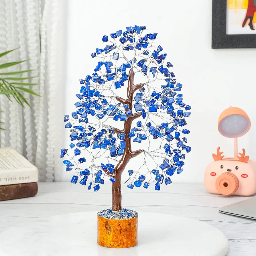 Hindcraft Lapis Lazuli Crystal Tree Home Decor Showpieces for Good Luck Money Crystal Tree Gift Items Office Bedroom Decor Wedding Gift, Silver Wire, 10-12 inch