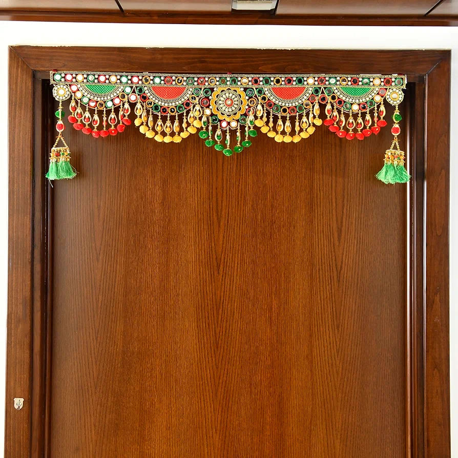 CraftVatika Toran Toranam Hanging Bandarwal for Main Entrance Door Pooja Room Wall Home Decoration Handmade Latest Vintage Traditional Multi Zula Pearl Beads , 36 Inch