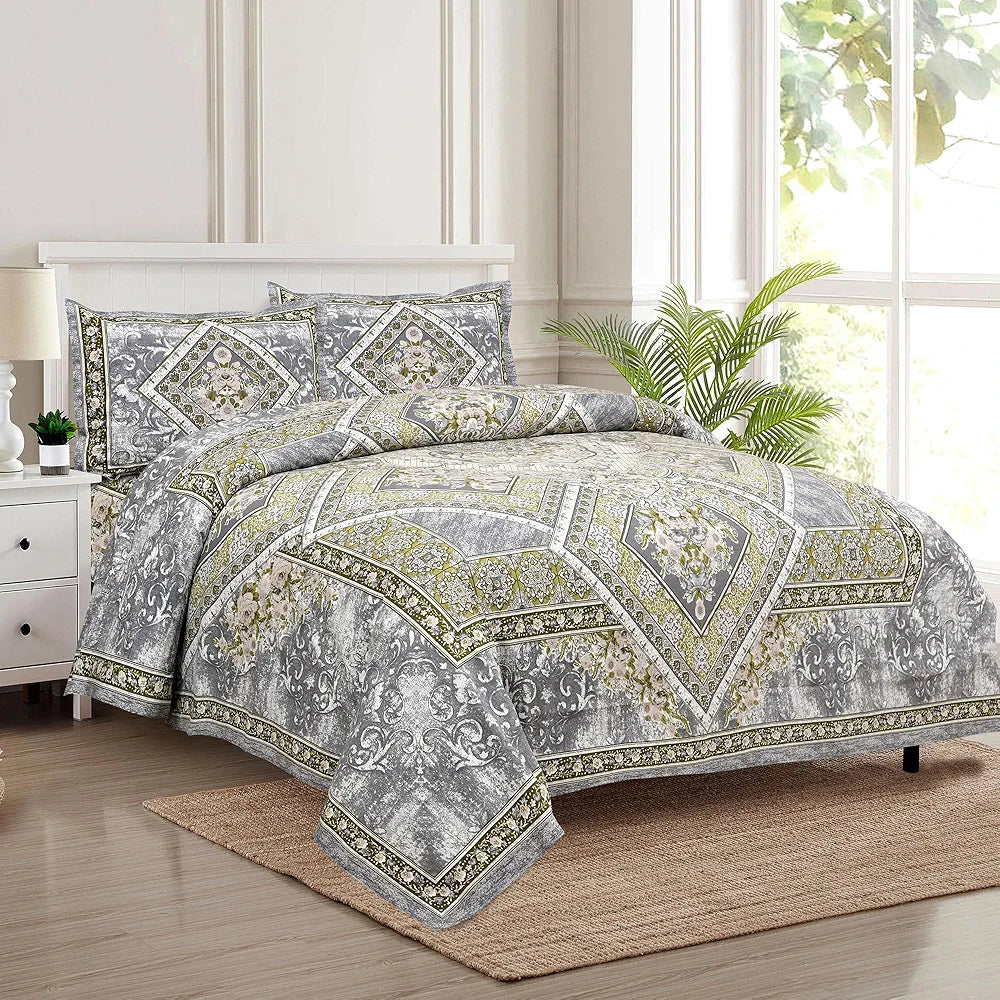 Kuber Industries Double Bedsheet with 2 Pillow Covers | 186 TC Premium Cotton Bedsheet for Double Bed | Bedsheet for Living Room-Home & Hotels | Arabic Beauty Flower Square | 100x108 Inch | Gray