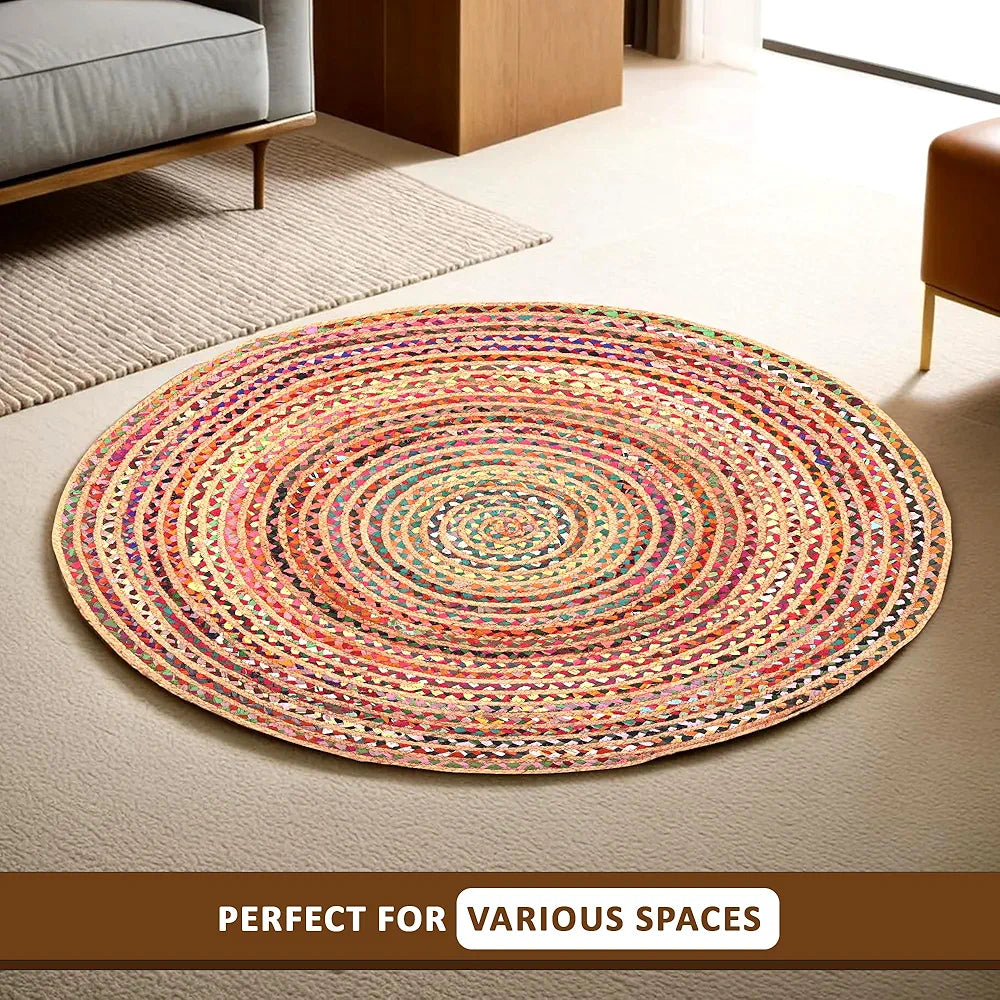 Kuber Industries 4x4 Feet Satranji Doubling Round Jute Rug & Carpet for Home & Bedroom | Aesthetic Floor Rugs for Living Room | Lines - Pink