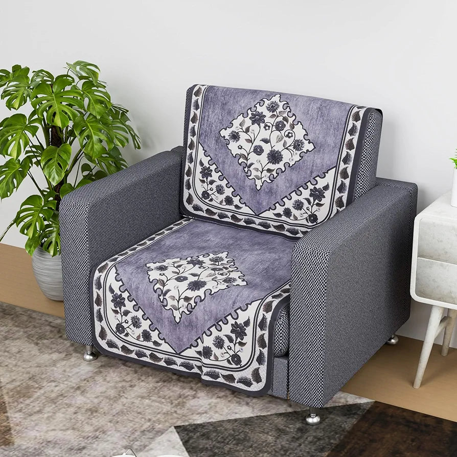 Kuber Industries Net Single Seater Sofa Cover - Couch Slip Cover Set for Home and Living Room - Flower Digital Triangle Border Print-753 - Grey