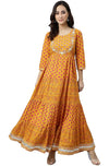 Janasya Women's Mustard Cotton Floral Print Flared Kurta