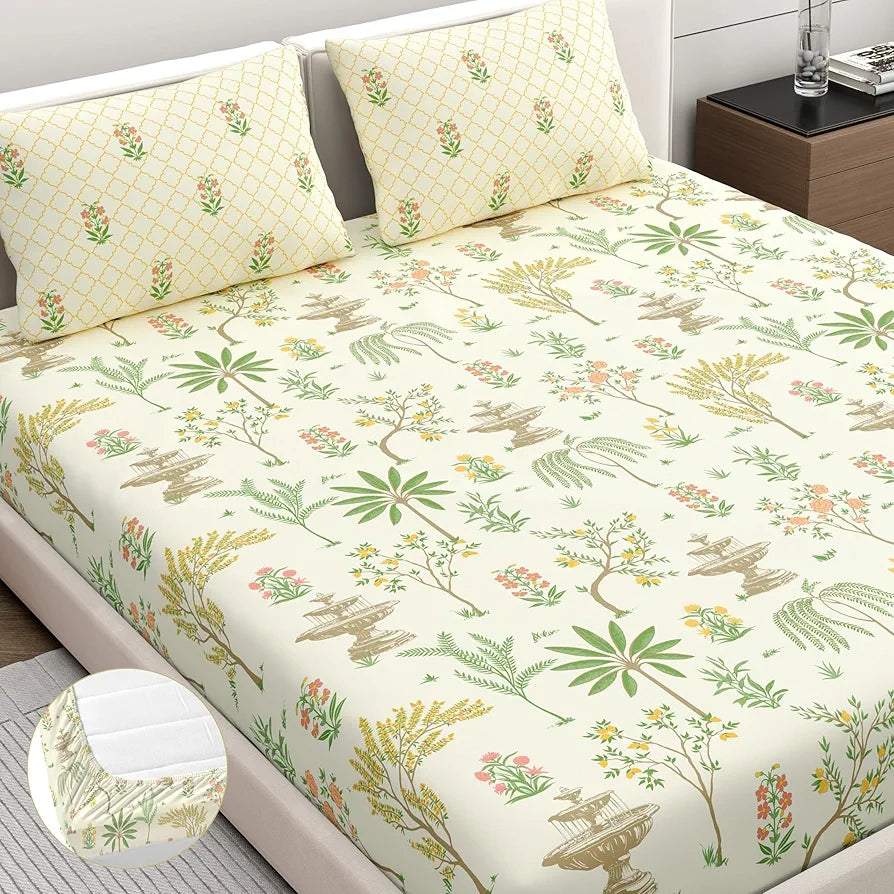 Dreamscape 100% Cotton King Fitted Bedsheet with 2 Pillow Covers - 