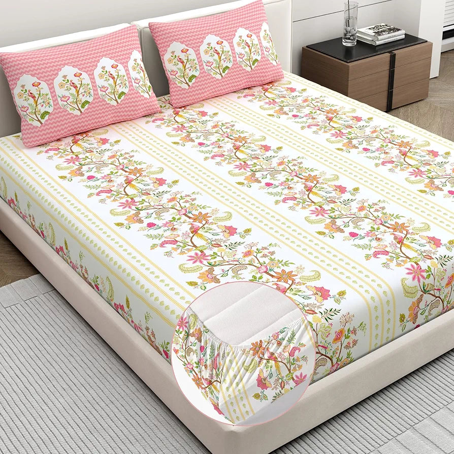 Dreamscape 100% Cotton King Fitted Floral Bedsheet With 2 Pillow Covers - 