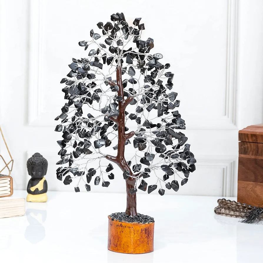 Hindcraft Black Tourmaline Crystal Tree Good Luck Showpiece for Home Decor Items Crystals Gemstones Bonsai Money Tree for Good Luck, Decoration Gift Item, Silver Wire, 10-12 inch