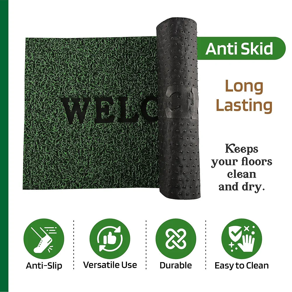 Kuber Industries  Anti-Slip Welcome Print Grass Door Mats for Home| Durable Main Entrance Footmats for Bathroom, Living Room & Office | Grass Cut - Green